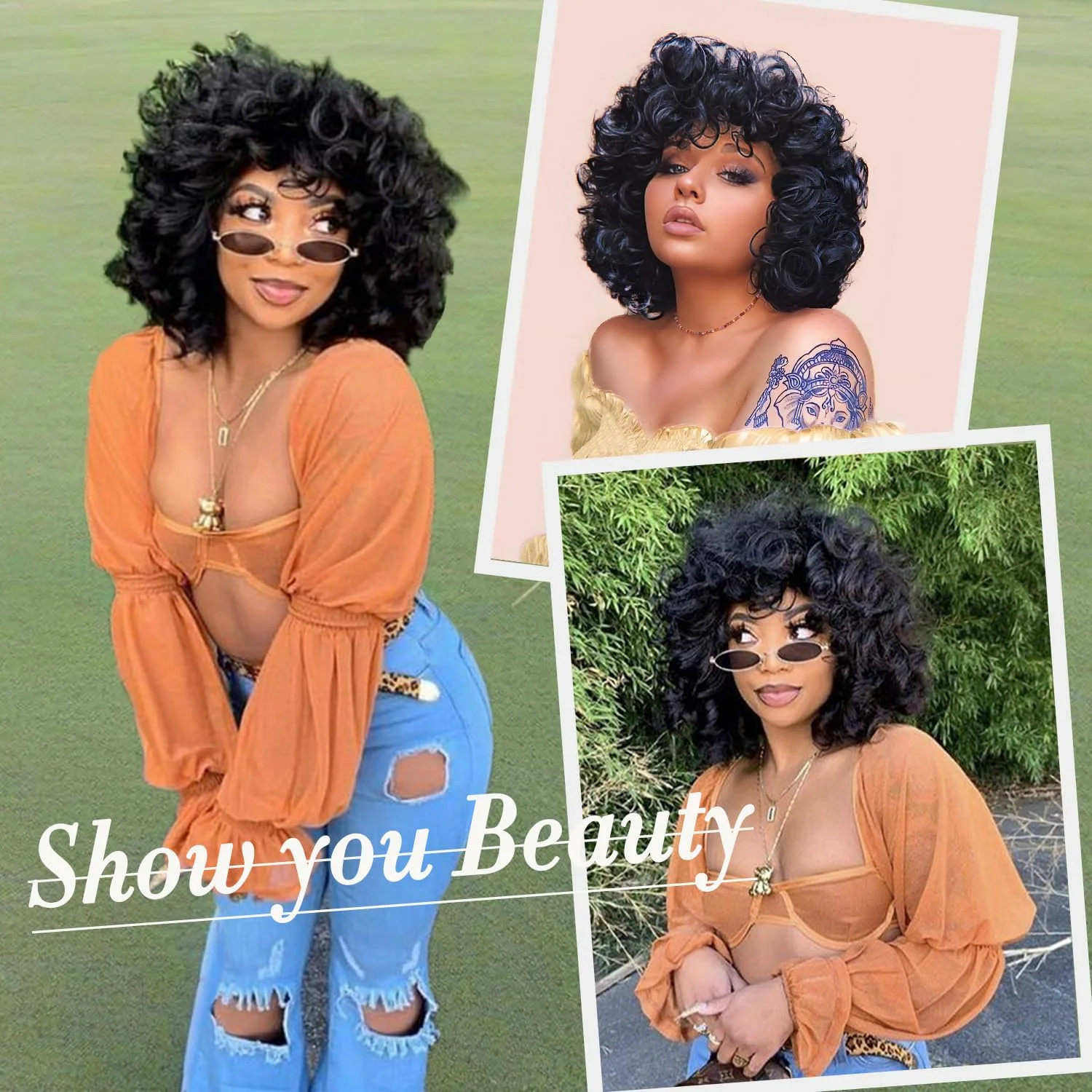 Short Curly Wigs for Black Women Soft Black Big Curly Wig with Bangs Afro Kinky
