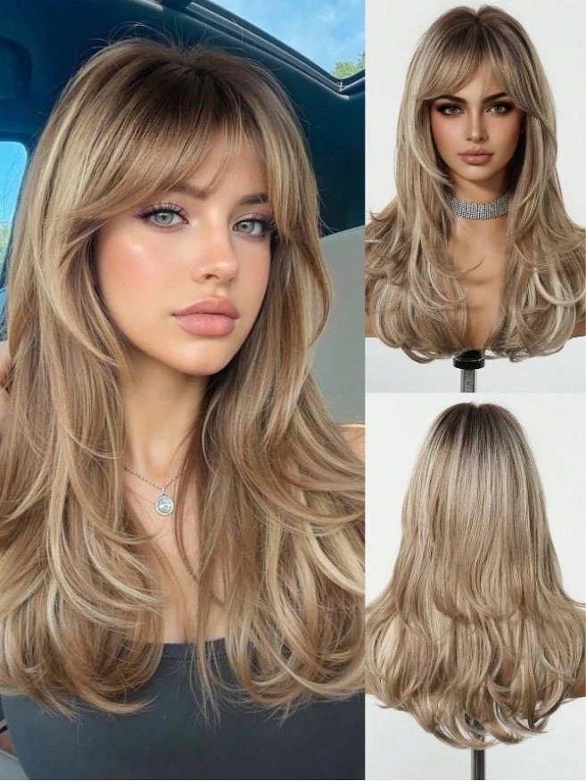 24″ Long Wavy Wig with Bangs Dark Roots Brown Ombre Blonde Heat Resistant Synthe