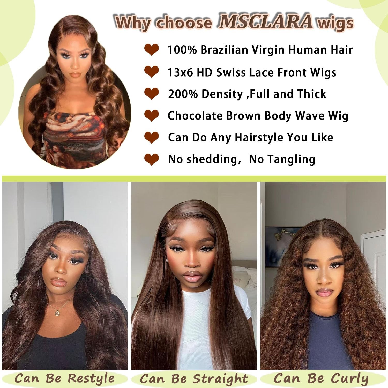 Msclara 200 Density 13X6 Body Wave Hd Lace Front Twigs Human Hair Chocolate