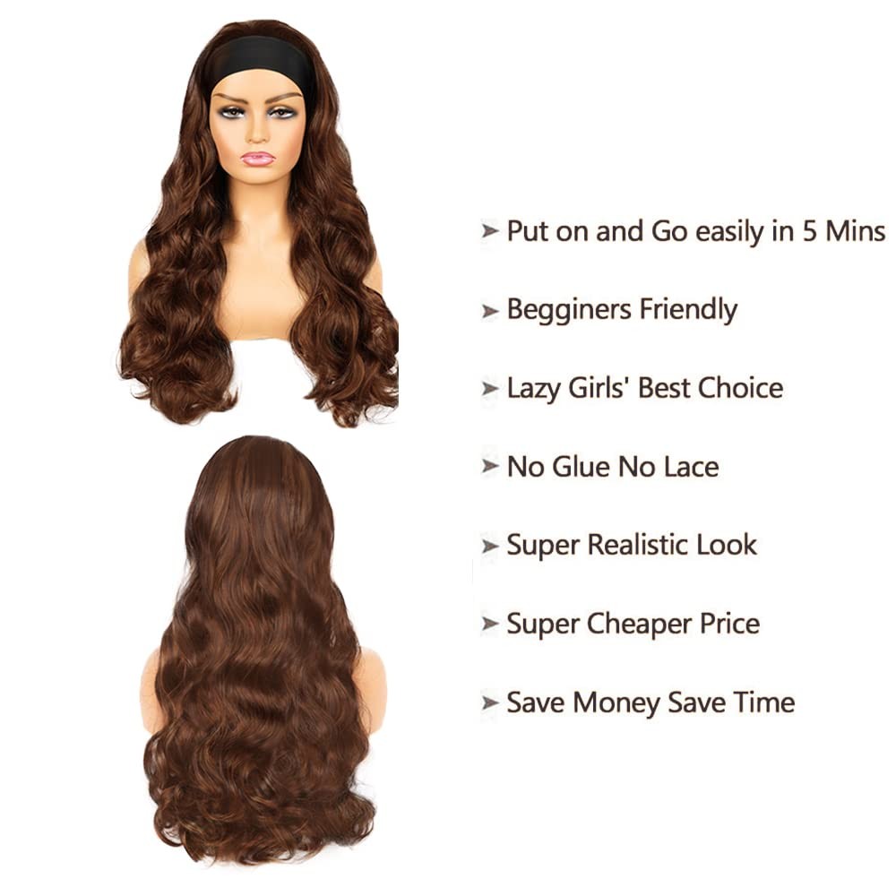Yiweyowe 30 Inch 4 Chocolate Brown Headband Wig Human Hair 150 Density Grade 8A