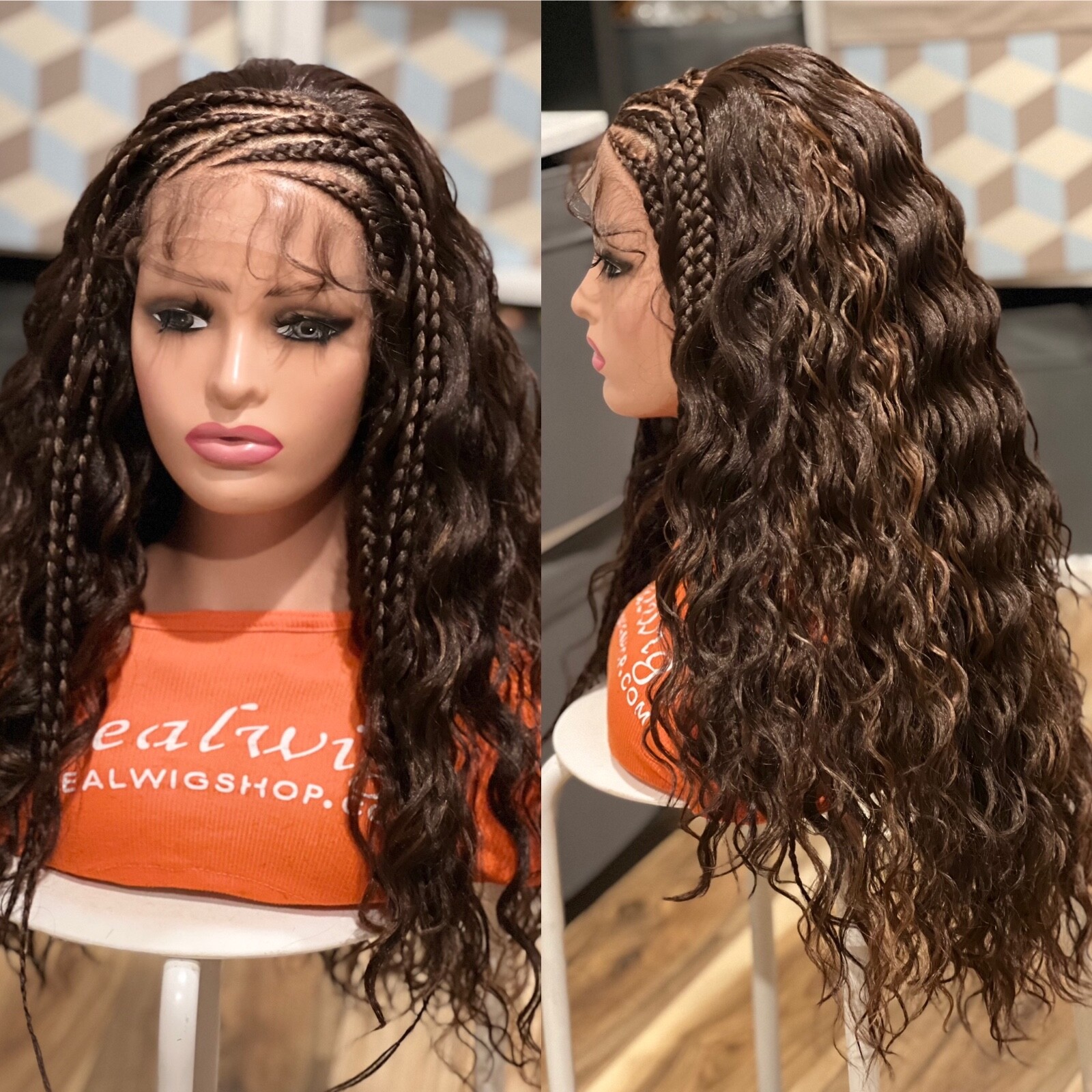 Braided wig. Handmade Cornrow wig with Curly Tips. Length Is 24”long