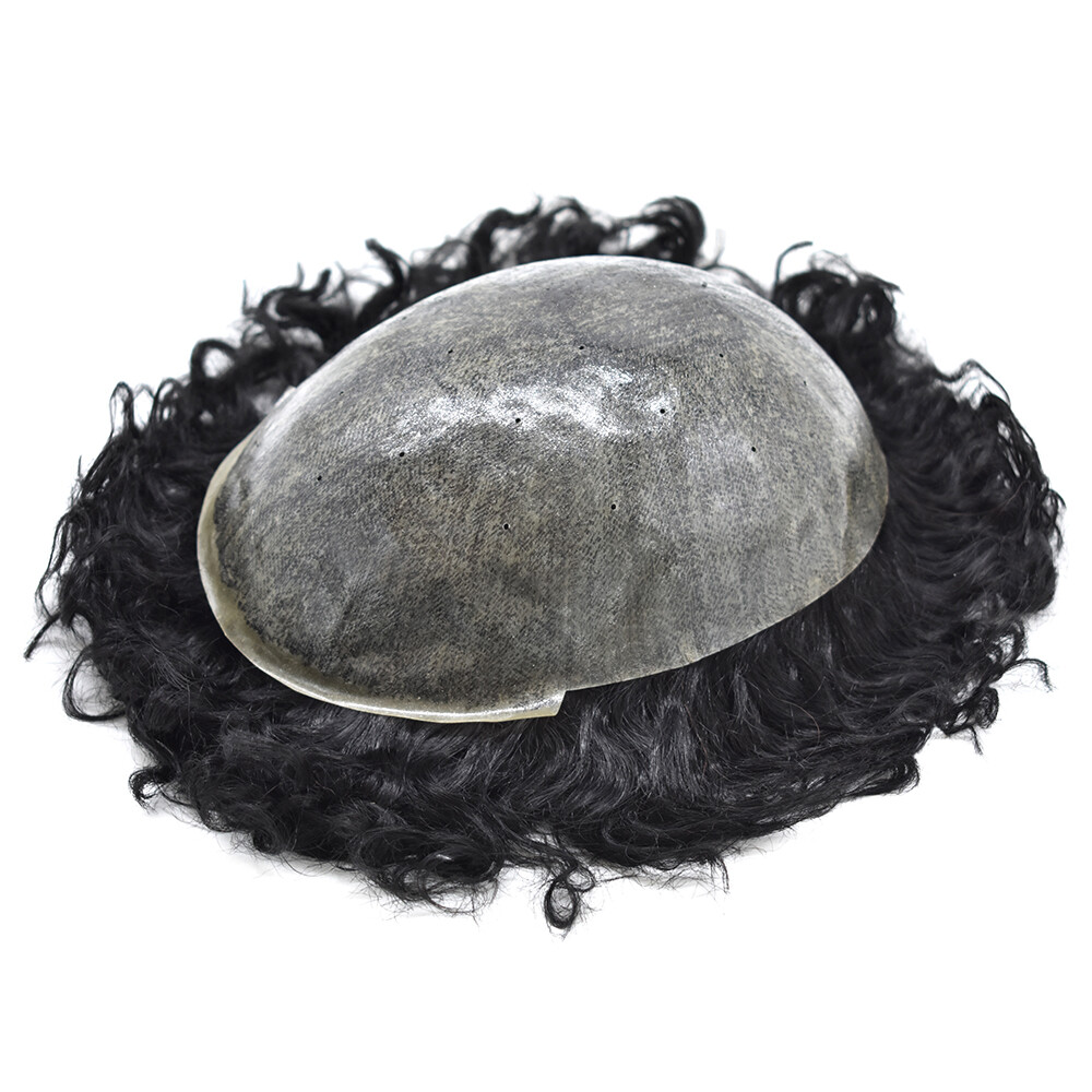 Curly Hair Toupee for Men 20MM Full Poly Skin Human Hair System Breathable Holes