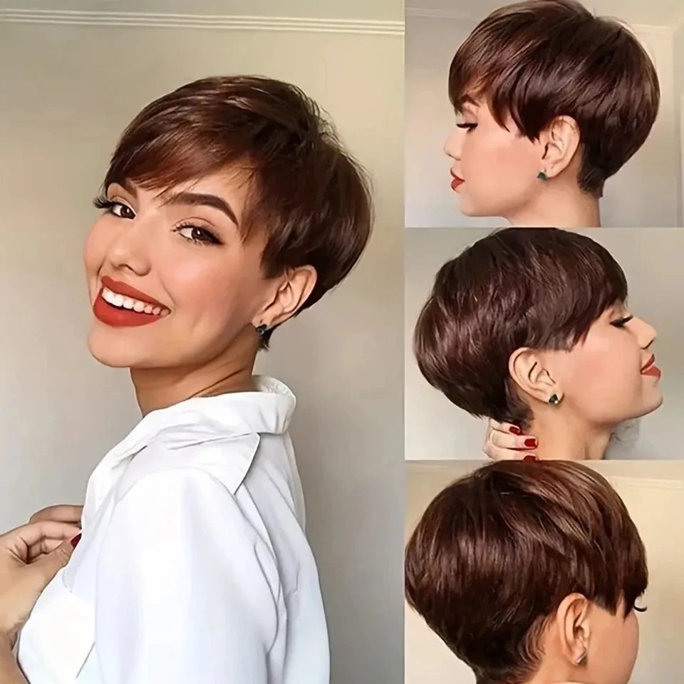 Pixie Short Cut Colored Straight Human Hair Wig Bangs Women Fashion Beauty Gift