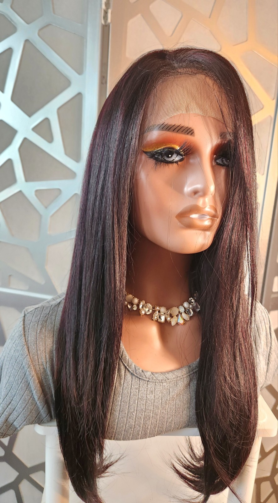 BurgundyvStraight Wig Black Highlights Human Hair Blend 13×4 Lace Front Wig Glue