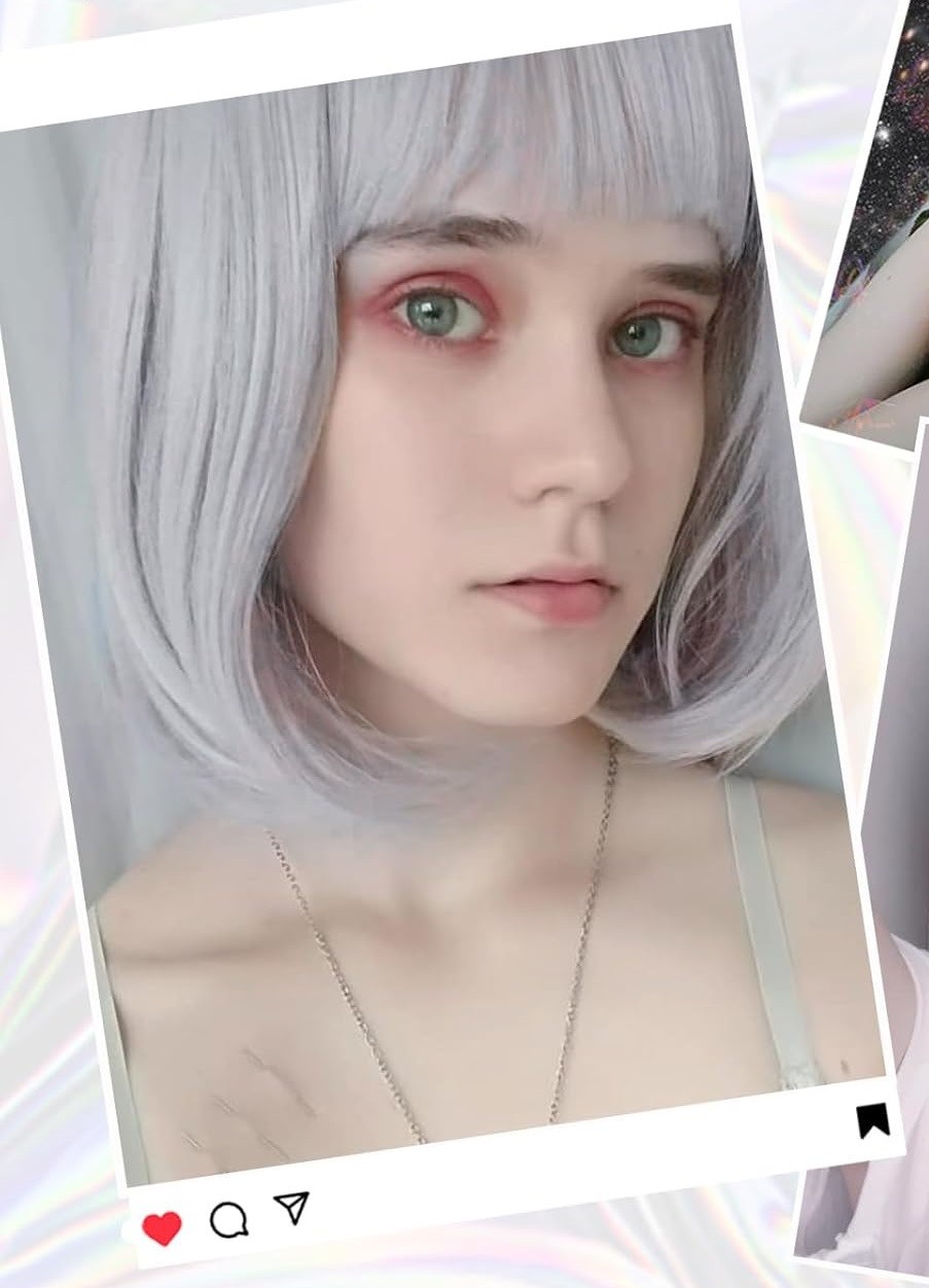 SW07 Gray Bob Wig Short 12″ women soft bangs easy to wear Colorful synthetic