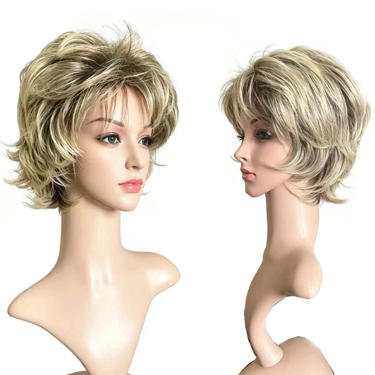 Natural Blonde Highlight Short Fluffy Curly Wig Heat Resistant Synthetic Wig for