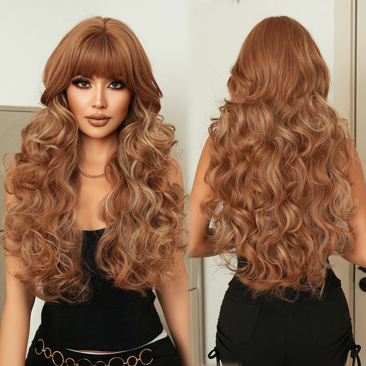 Pink Gold Long Curly Wig Lolita Cosplay Sweet Large Wave Synthetic Full Head Wig