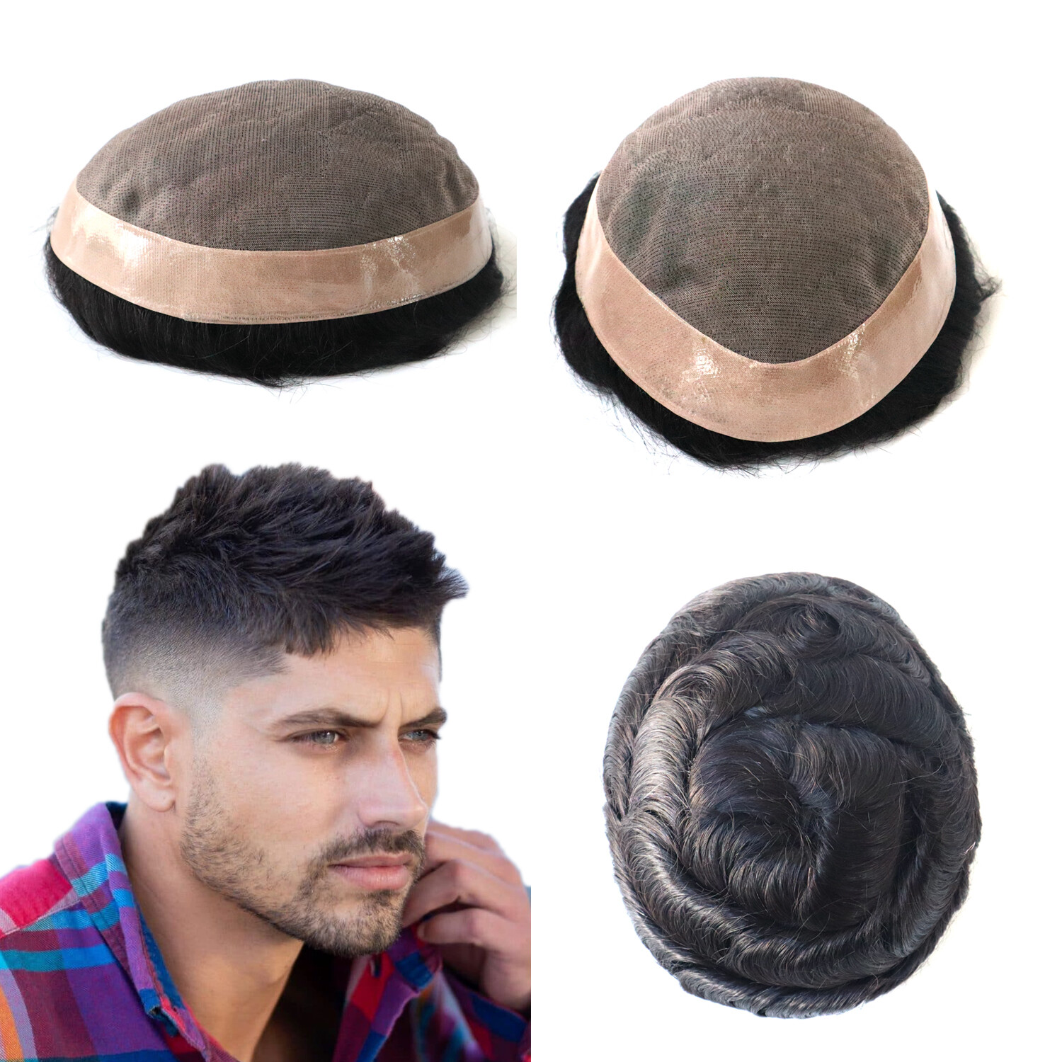 Durable Mens Human Hair Replacement System Fine Mono Toupee Medium Density Piece