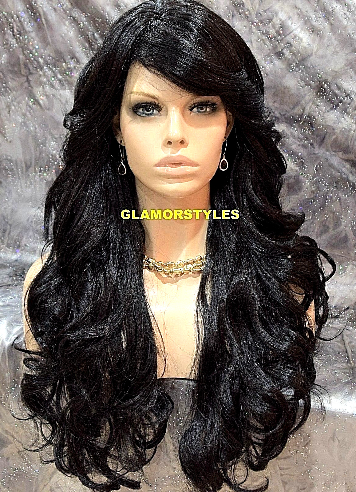 FULL WIG LONG WAVY LAYERED SIDE BANGS SKIN SIDE PART OFF BLACK #1B HEAT OK NWT