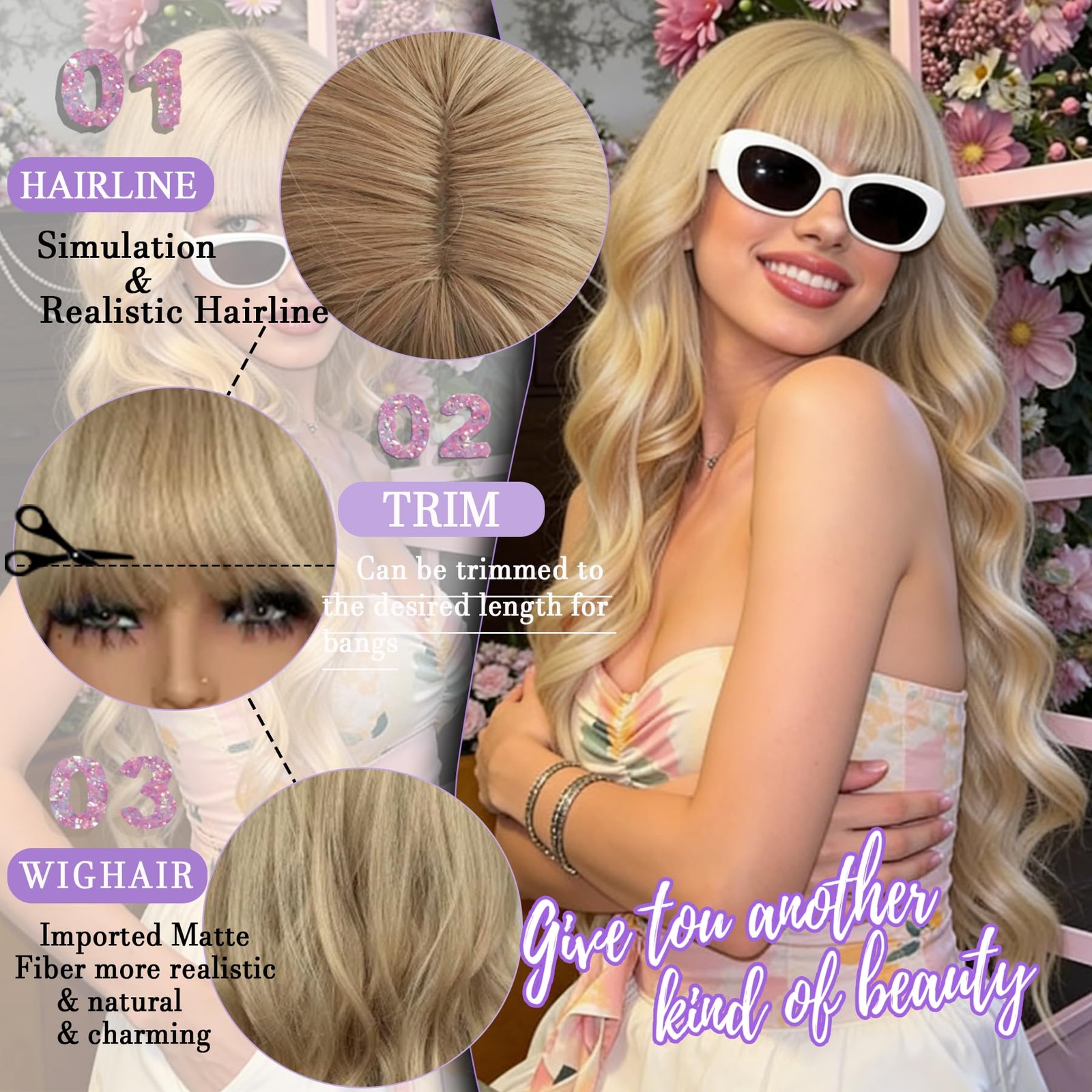 Blonde Wig with Bangs Long Wigs for Women Wavy Wig Curly 26 Inches Long Blond…