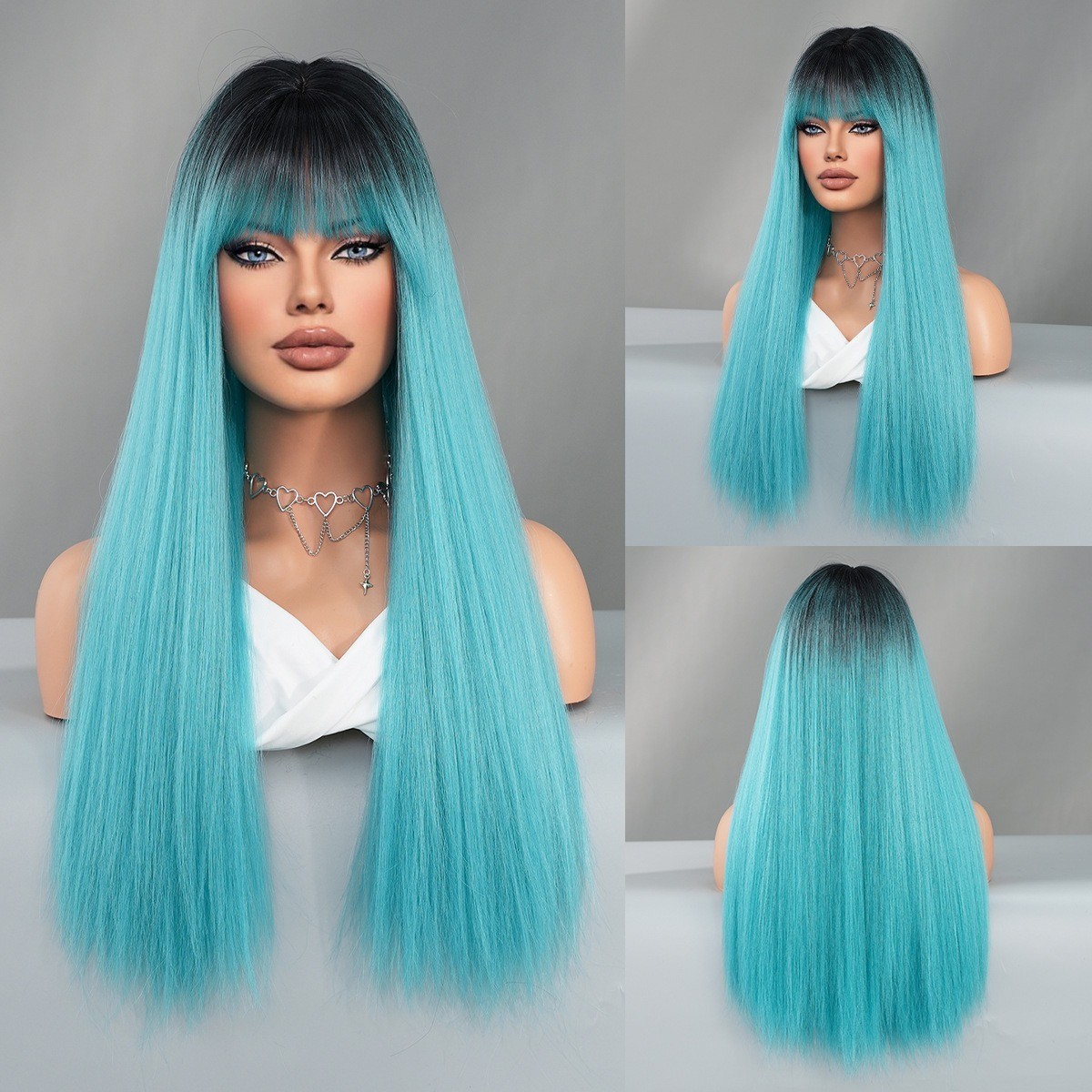 Grey Blonde Wig Long Straight Hair Daily Synthetic Fur Fake Hair Full Head Cover
