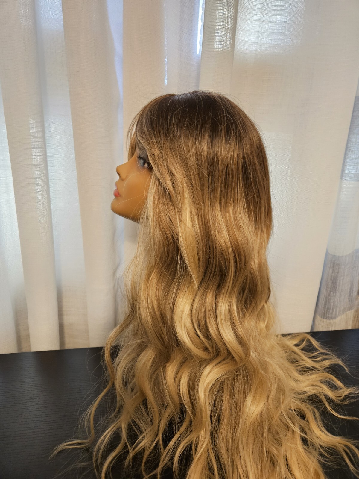 28″ New LONG BLONDE WIG WITH BANGS DARKER ROOTS LONG Wavy HAIR WIG