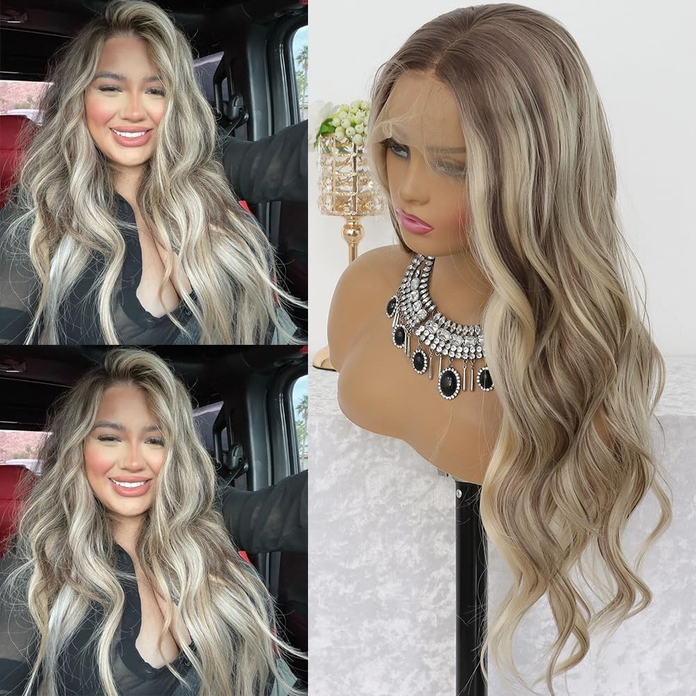 24in Highlight Ash Blonde Lace Front Wig Glueless Long Wavy Ombre 13×4 Synthet