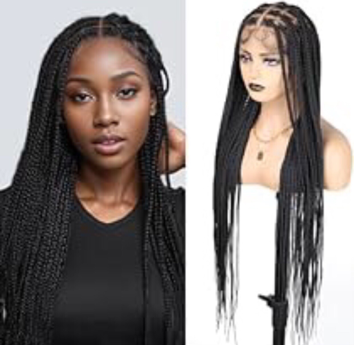 Lace front braided Knotless Box Braid Wig HD Single Layer 36” Long Natural Black