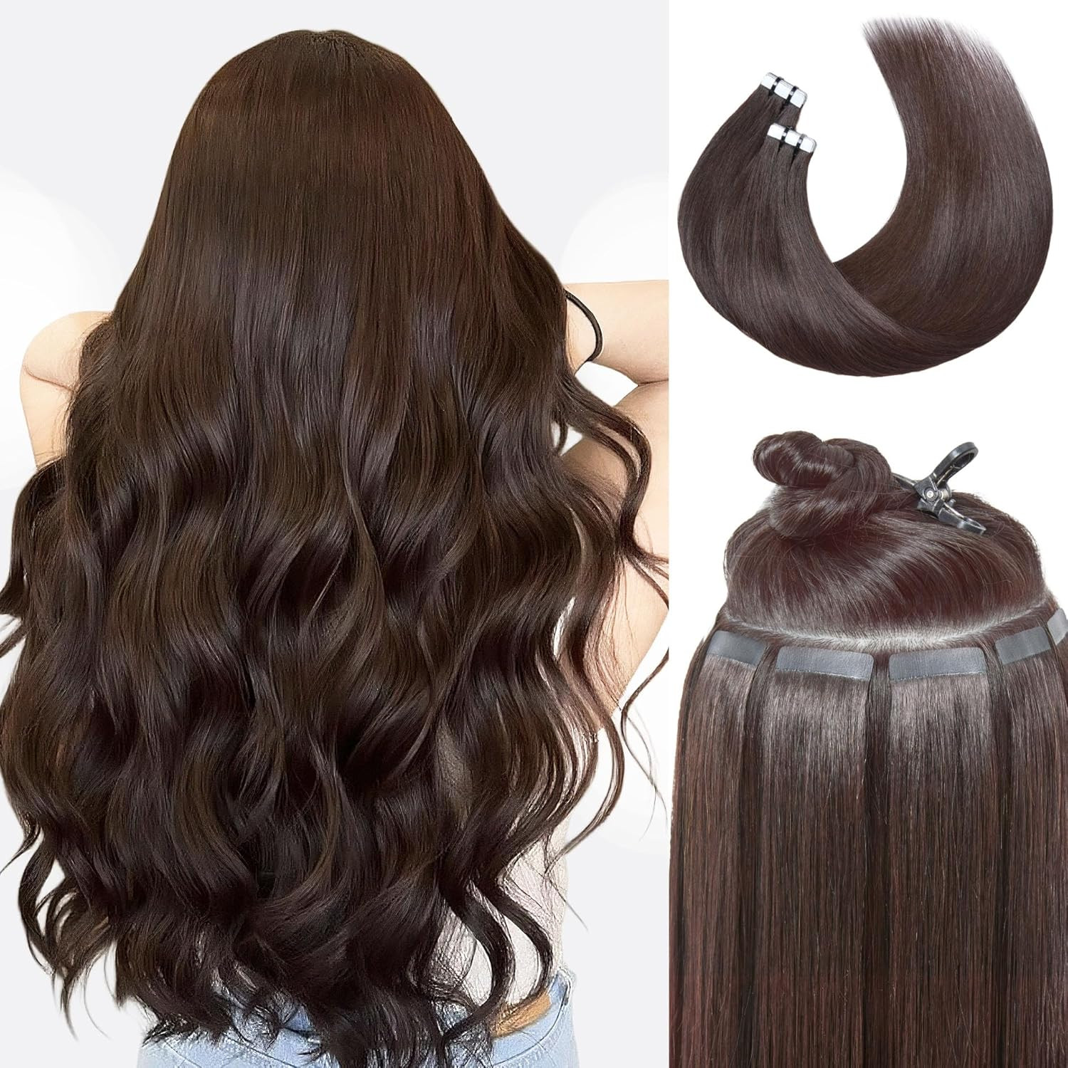 22″ Dark Brown Tape In Hair Extensions – 40Pcs Remy Silky Weft Hair