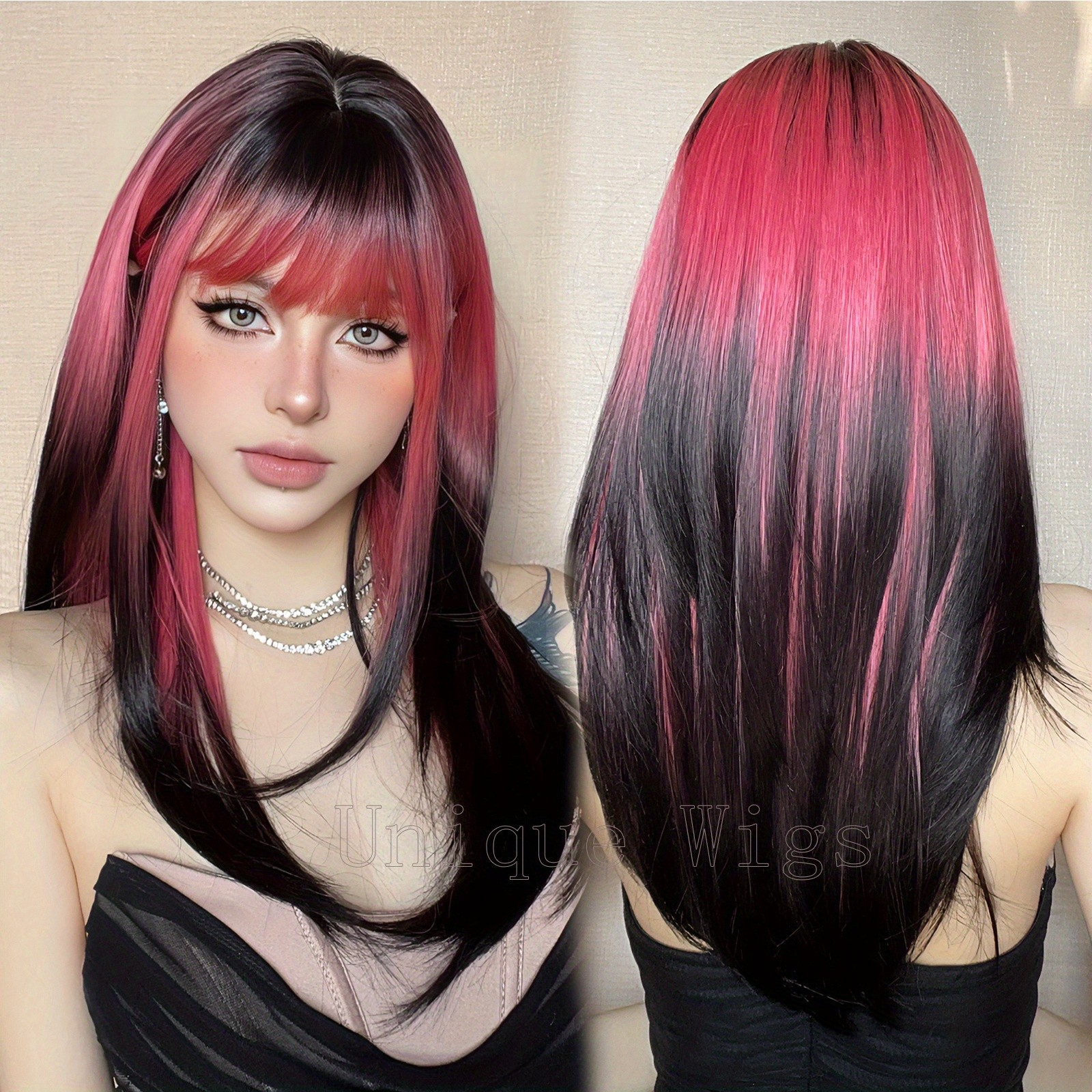 22 Inch Ombre Long Straight Wig Women’s Synthetic Hair Matte Finish Rose Net Cap