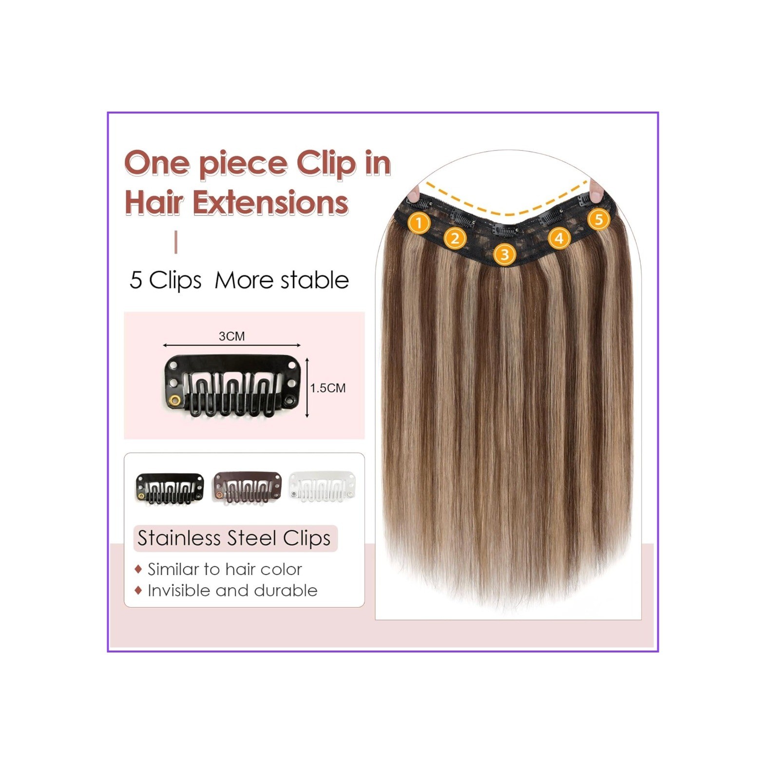 Benehair 16″ Human Hair Extensions Clip In One Piece V-Shape 65g #4P27 Brown Mix