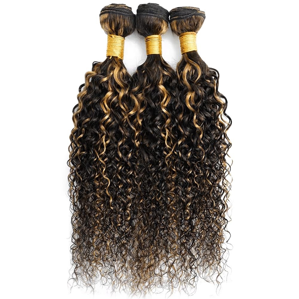 Piano Color P1B27 Highlight Curly Wave Bundles Natural Black and Honey Blonde…