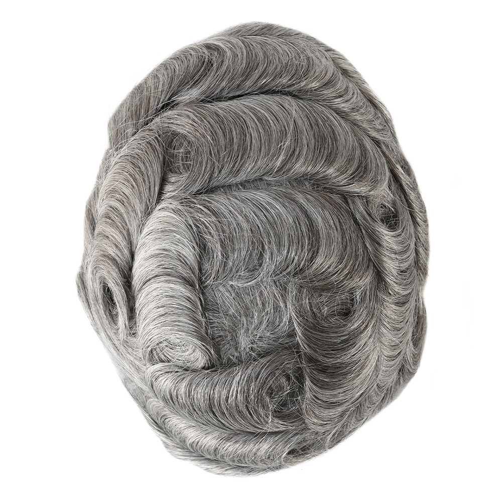 Toupee For Men Human Super Thin Skin V Looped Men Hairpiece Wig Black Grey #1B65