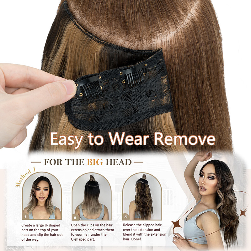 US V-Shape One Piece Clip In Hair Extensions Real As Human 3/4 Full Head Thick