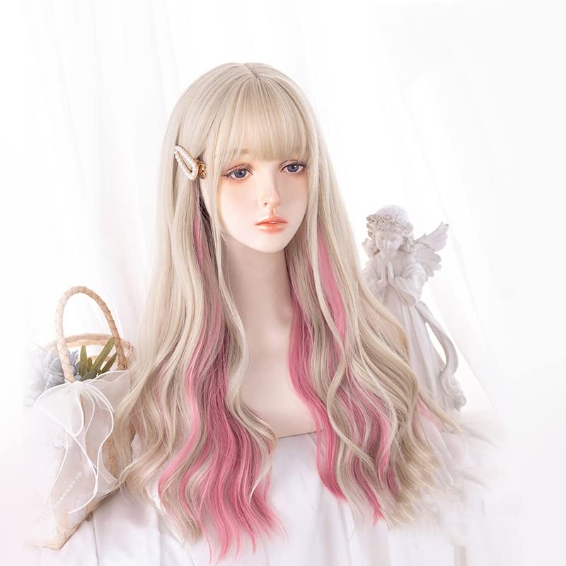 Gold Ear-dyeing Pink Lolita Wig Japanese Harajuku Cute Daily Long Curls Hair …
