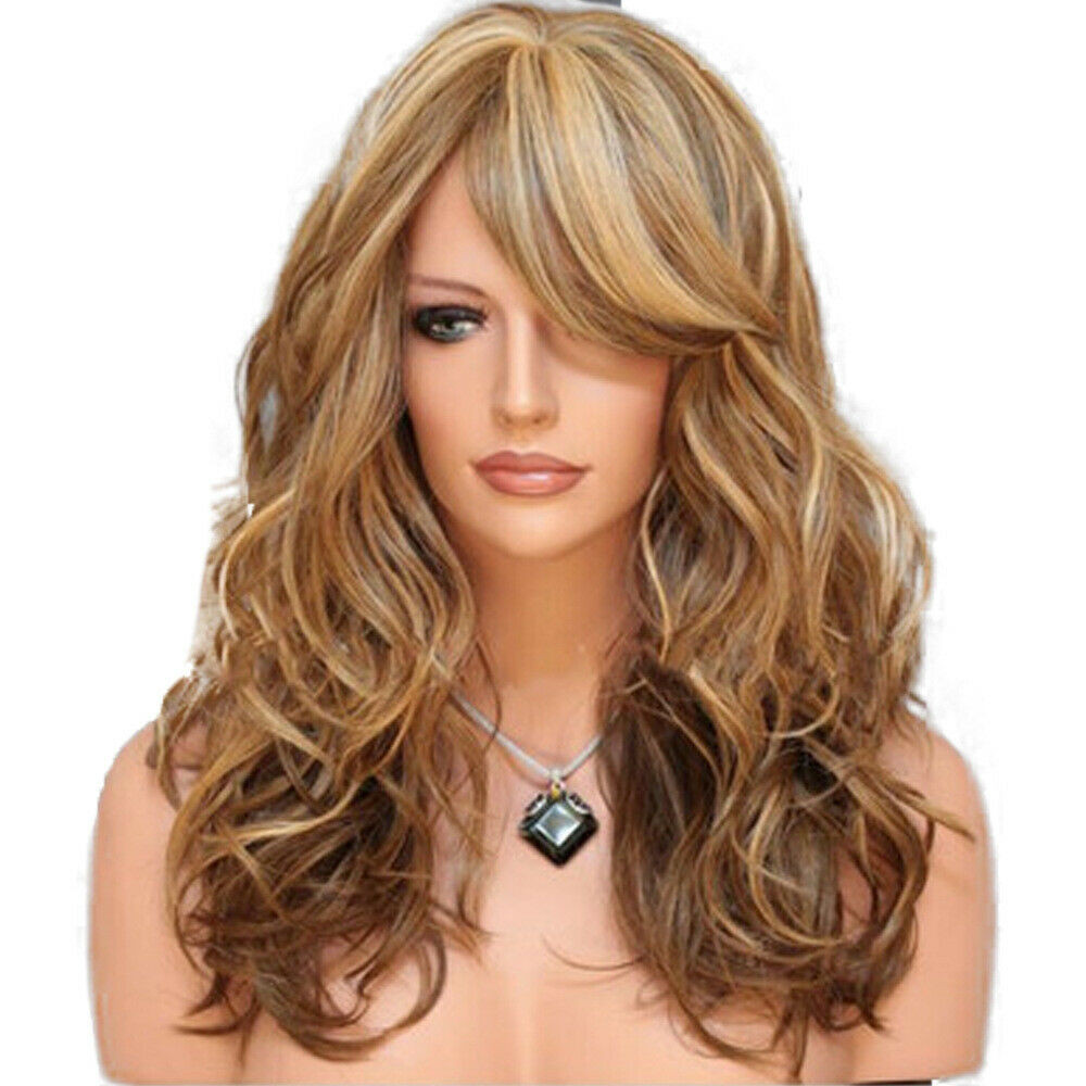 23″ Women Long Blonde Curly Wig Natural Wavy Hair Wigs w/ Bangs Cosplay Party