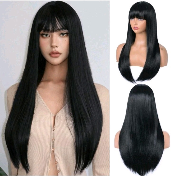 26in Black Long Wavy Wig with Bangs for Women Heat Resistant Synthetic Cosplay
