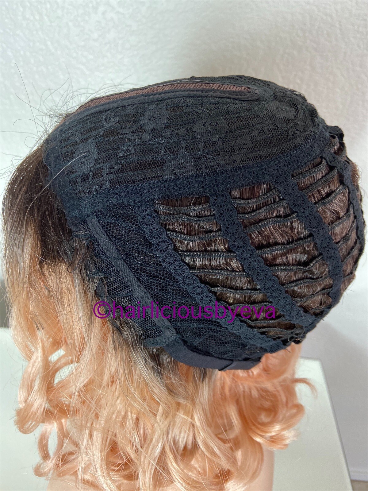 Bob Wig Curly Rose Gold Pink Ombré Middle Part Short Length Heat Resistance Ok