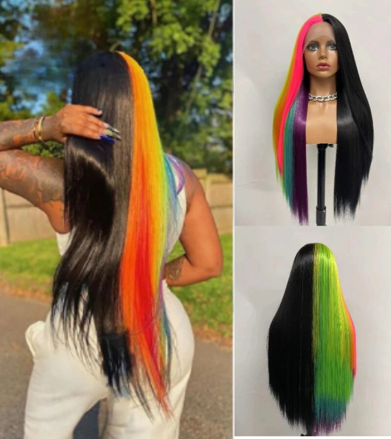 Half Black Half Rainbow Lace Front Wig 24 Inch Long Straight Synthetic Hair Wig
