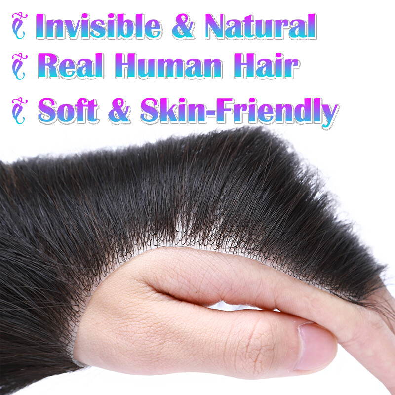 Mens Toupee Forehead Hairline 100% Real Human Hair Replacement Front Hairpiece