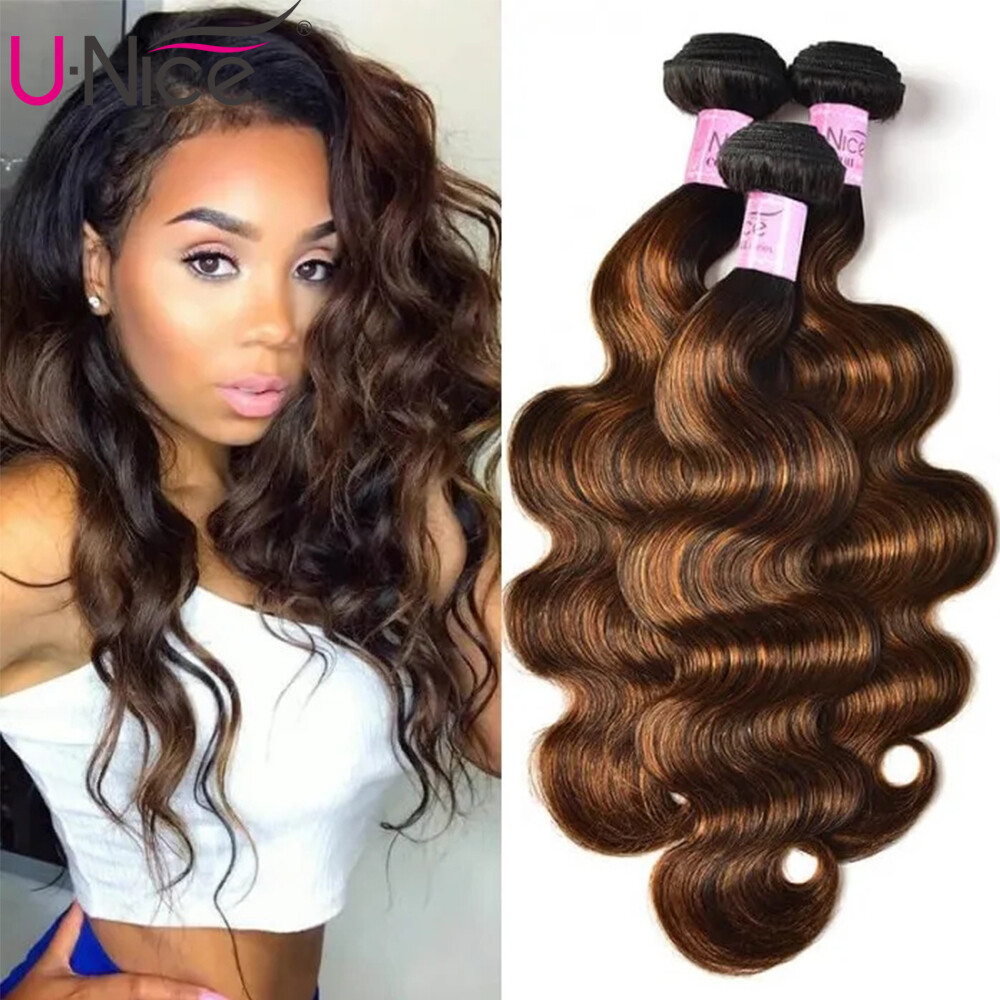 UNice Cambodian Ombre Brown Body Wave Hair Weaves 3 Bundles Human Hair Extension