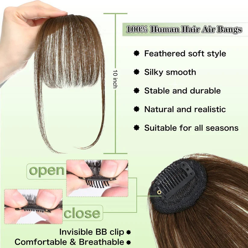 Medium Brown 100% Real Human Hair Clip In Wispy Bangs Hair Topper