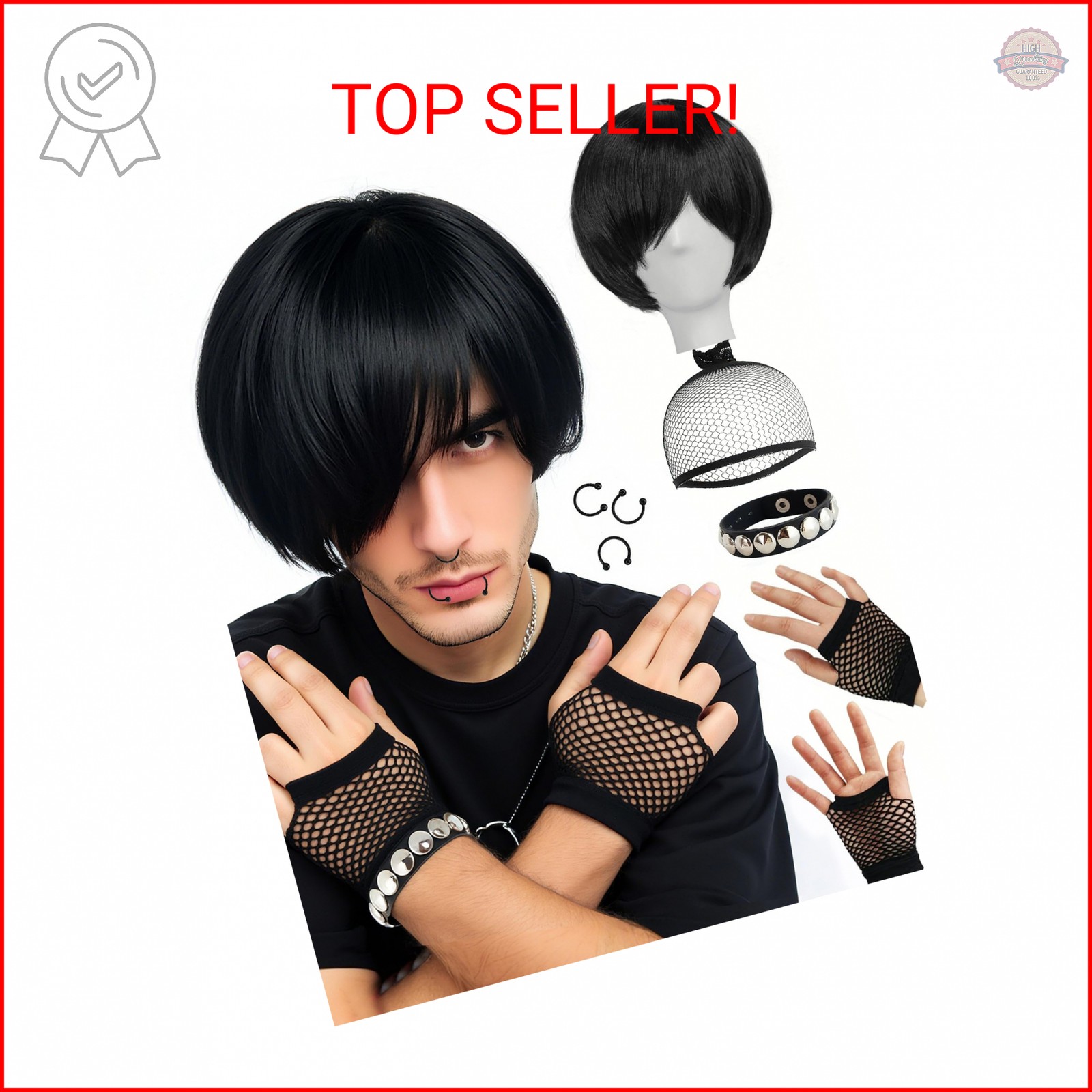 IMEYLE 8 Pcs Emo Wig Men Short Black Wig Emo Costume Set for Men Scene Wigs Goth