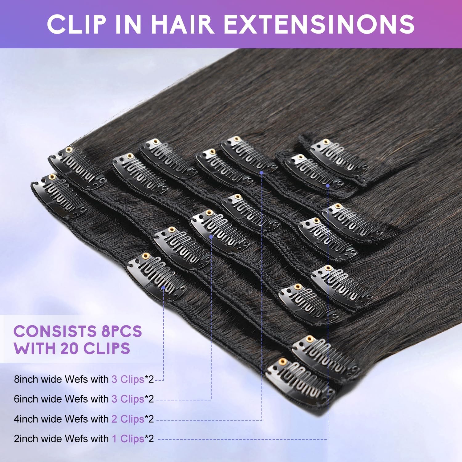 Clip in Hair Extensions Real Human Hair 22 Inch 110g, 1B Natural Black, Invis…
