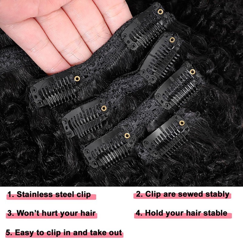 8-24″ Afro Kinky Curly Brazilian Human Hair Clip in Extensions Full Set Black