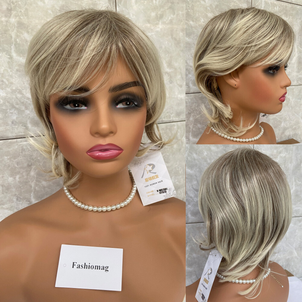Short Straight 100% Human Hair Blonde Mix Wig Women Soft Natural