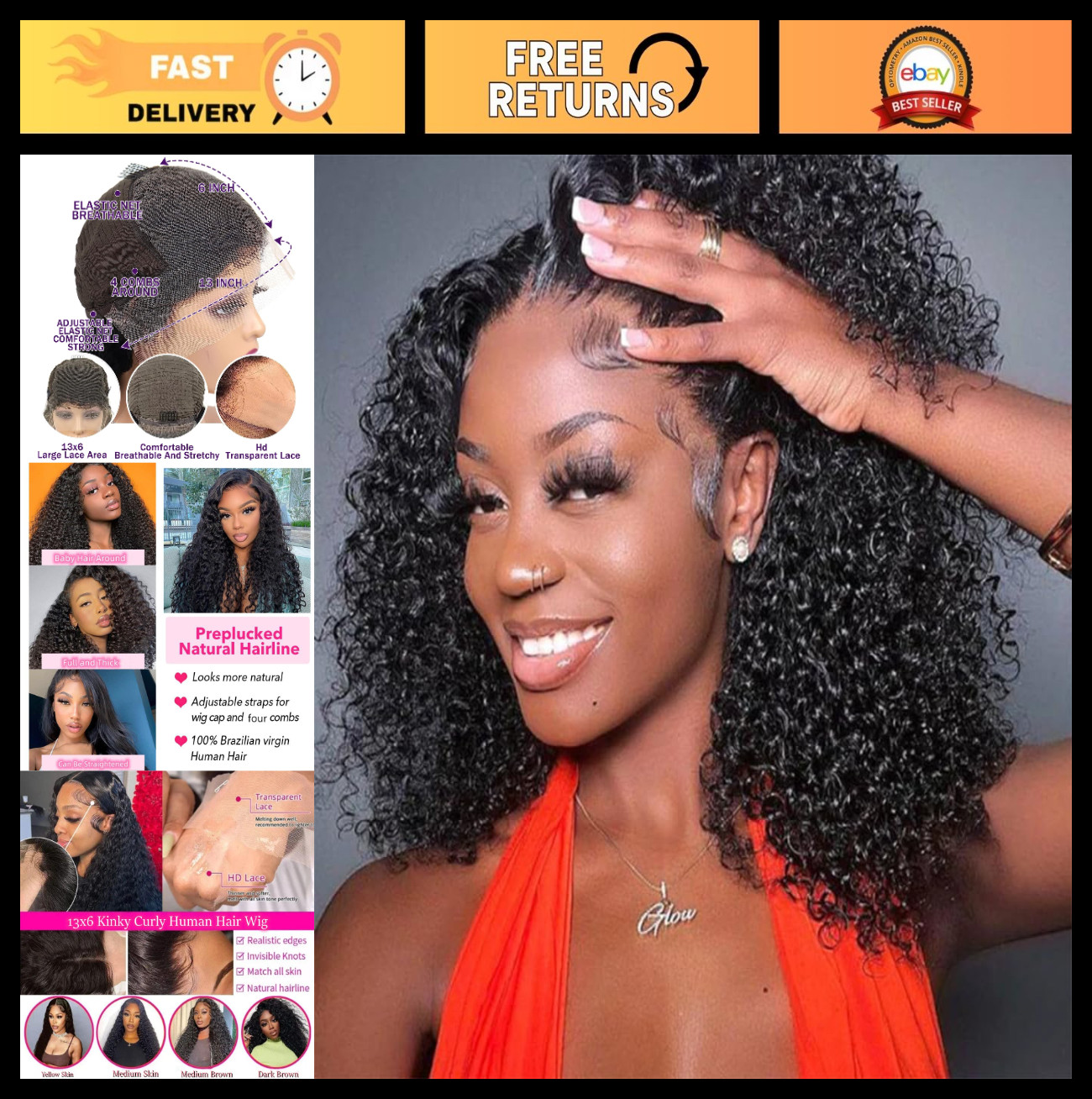 Kinky Curly Lace Front Wig 13×6 HD Frontal 220% Density 18″ Glueless Pre-Plucked