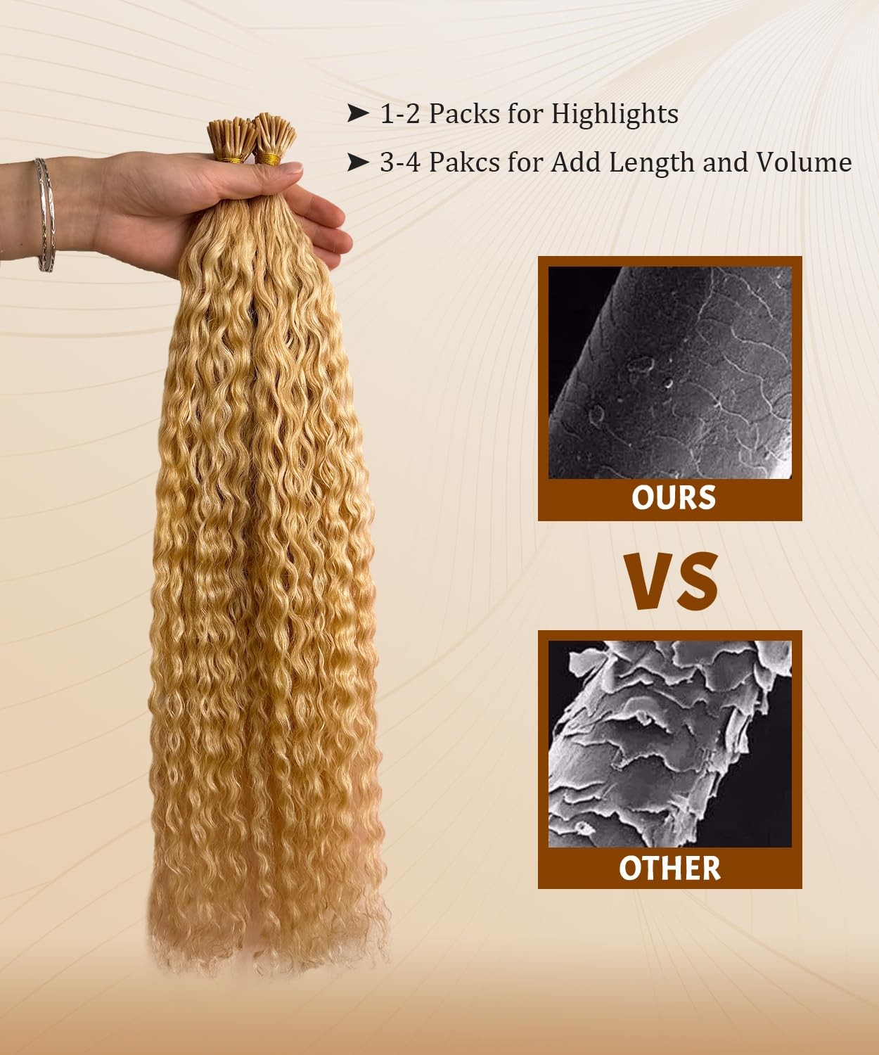 Belaved Water Wave I Tip Hair Extensions Human Hair Curly Brown To Blonde