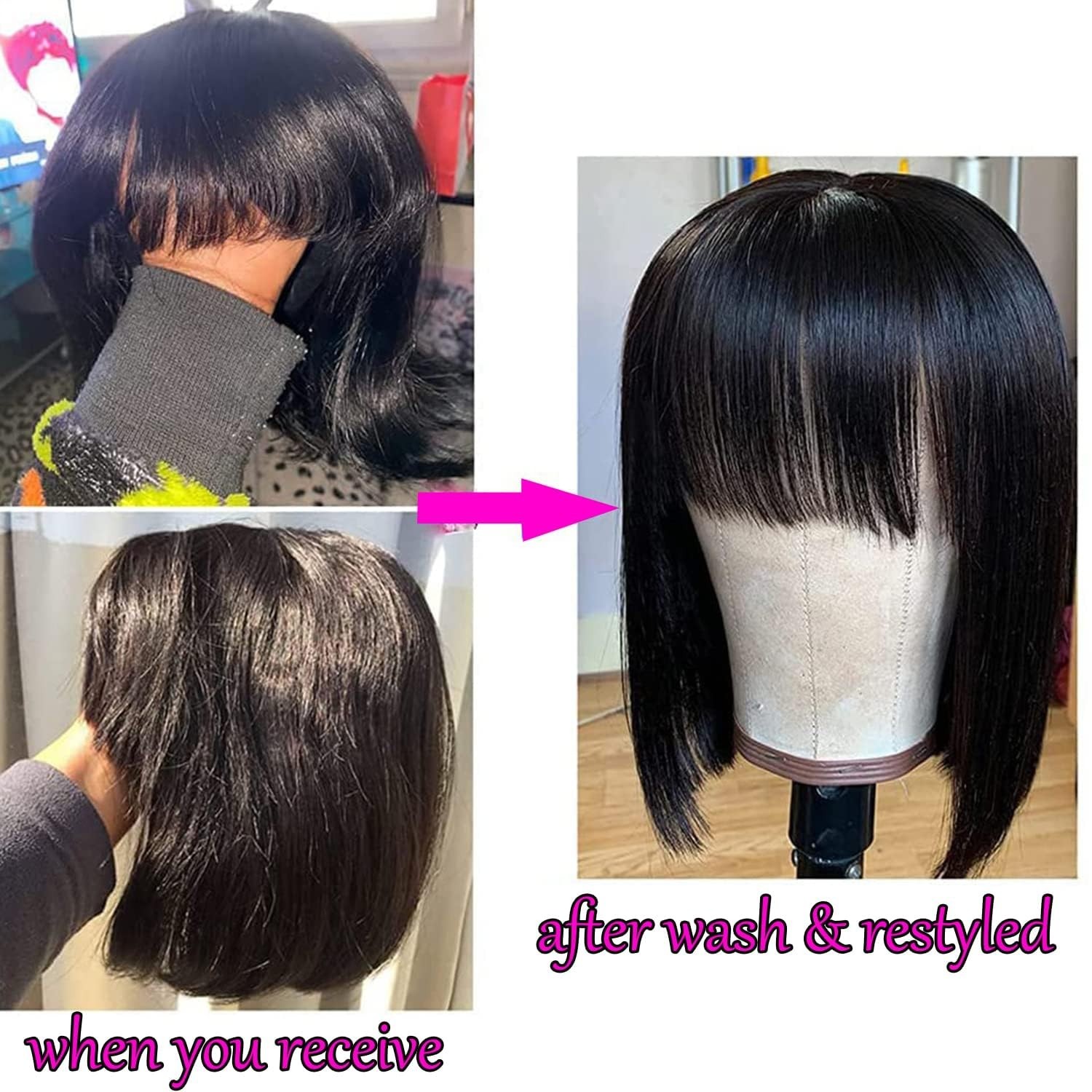 Short Bob Human Hair Wigs with Bangs No Lace Front Wigs Brazilian Straight Hair