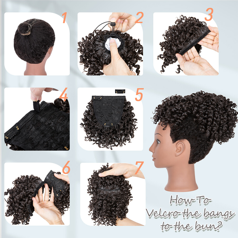Afro Kinky Curly As Human Hair Clip In Short Ponytail Bun + Bangs Black Women US
