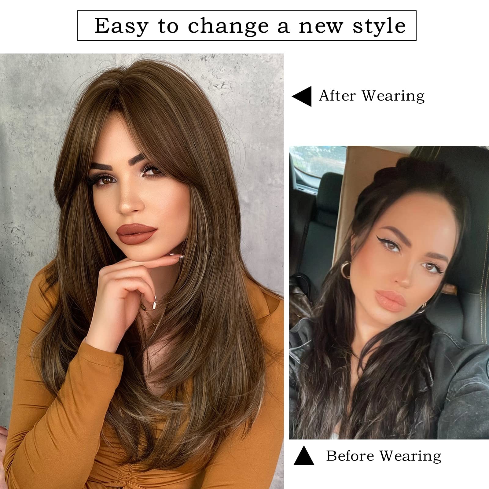 7JHH WIGS Honey Blonde Wig with Bangs Long Brown Wigs for Women,Layered Heat …