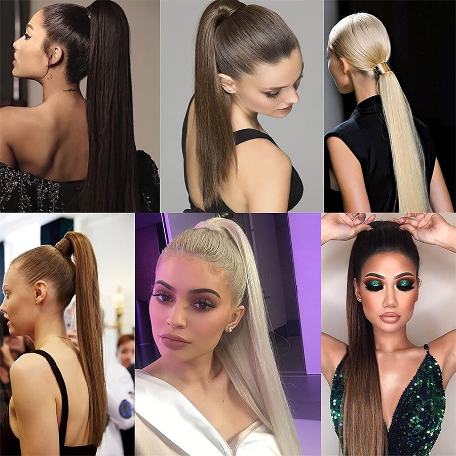 Ponytail Extensions Claw On/Clip In 100% Real Remy Human Straight Long Hair 22IN