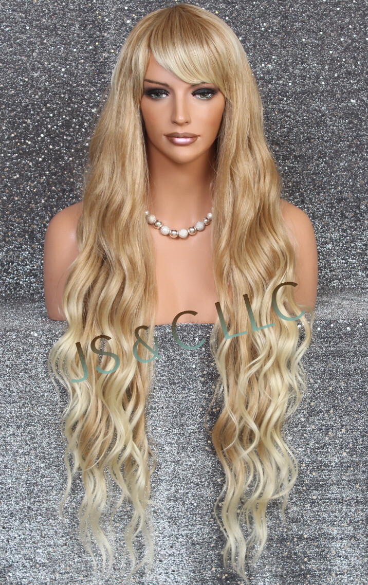 Human Hair Blend 40″ Long Full Wig Heat OK Wavy Blonde mix bangs JSSH 27-613