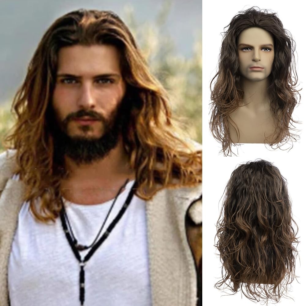 Curly Brown Wig for Men Synthetic Cosplay Party Hair Wig