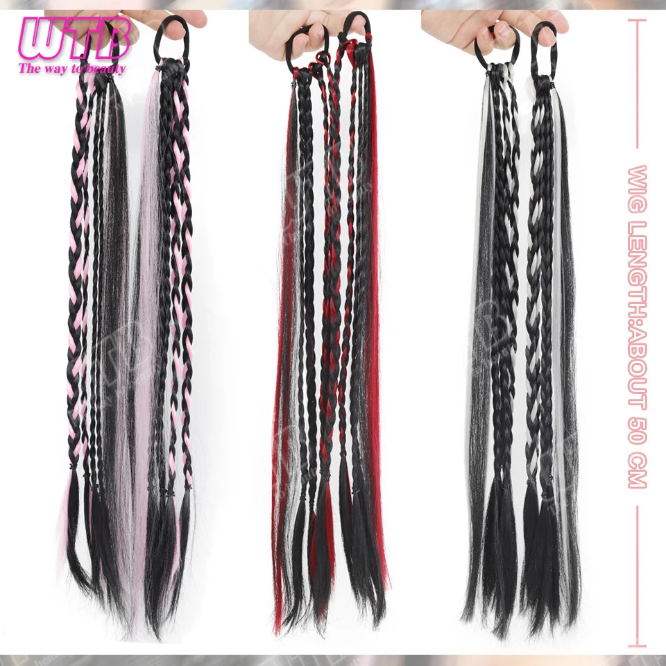2PCS Elastic Band Braided Wigs Highlighted Synthetic Hairpieces For Women Daily