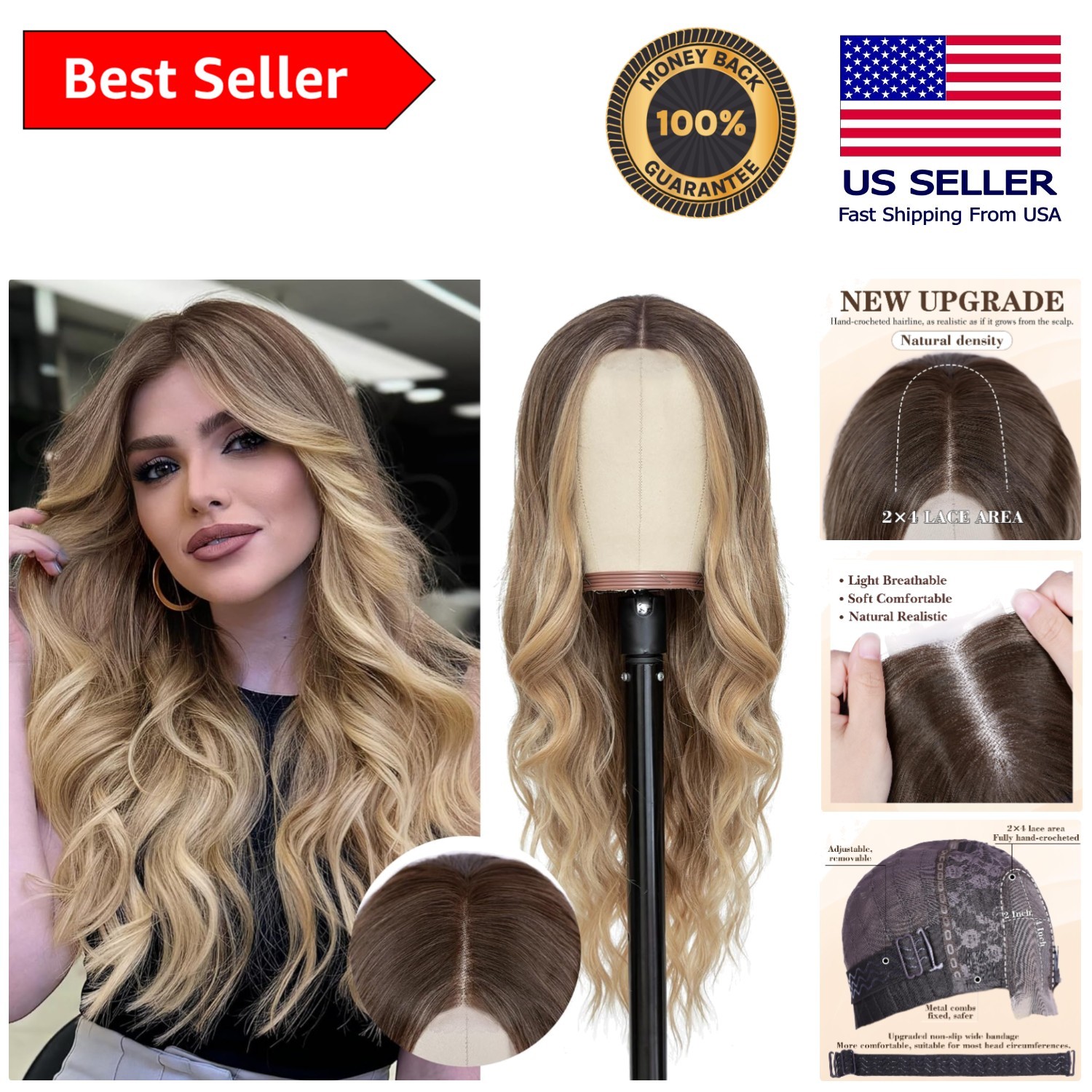 Long Ombre Blonde Wavy Lace Wig – Realistic Middle Part, Heat Resistant Fiber