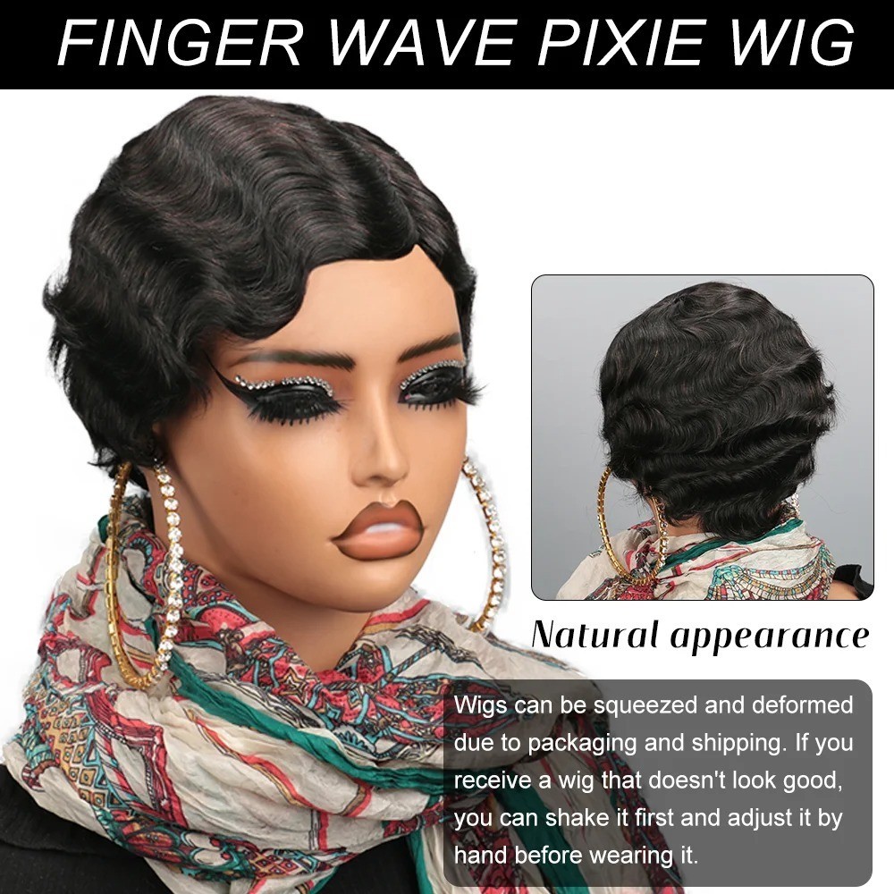 Short Finger Wave Wig Human Hair Wig For Women Brown Short Ocean Wave Wig Pixie