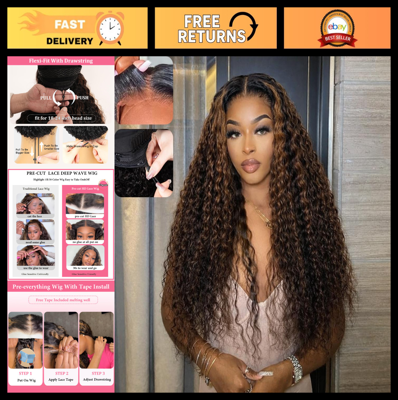 20 Inch Deep Wave Ombre Lace Front Wig – 210% Density, Glueless, Pre-Plucked, Ba