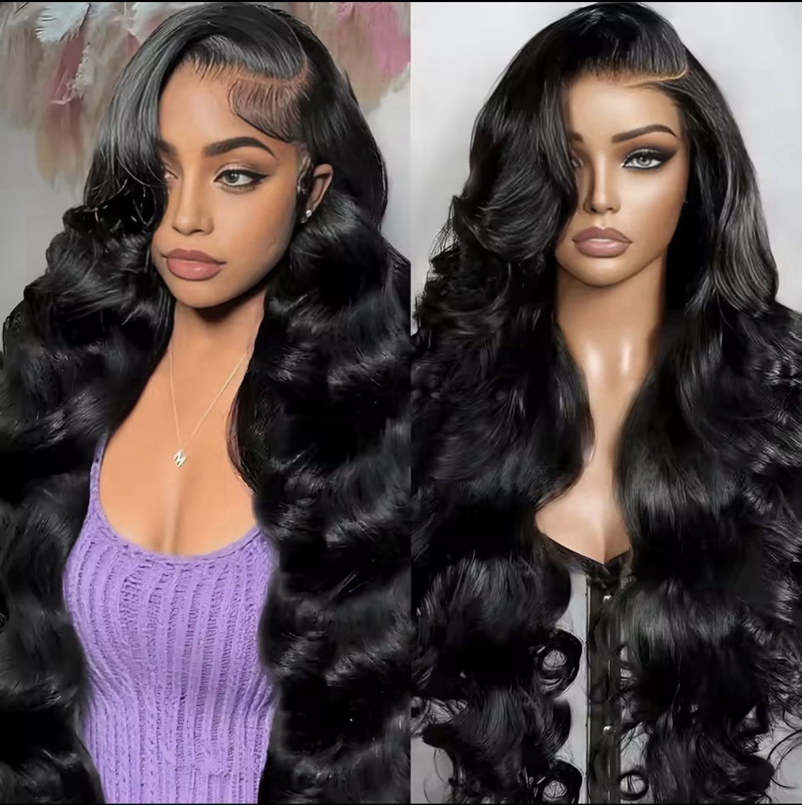 Glueless Lace Front Human Hair Wig Body Wave Long Black Free-Part Pre Plucked