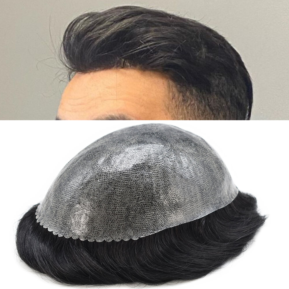Full Poly Skin Mens Toupee Injected PU Human Hair System Replacement Wig for Men